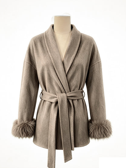 Cozy Belted Wrap Coat with Plush Fur Cuffs