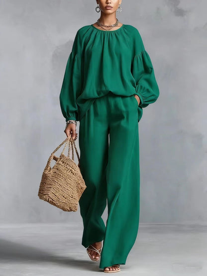 Elastic Neck Linen Blend Matching Two Piece Set