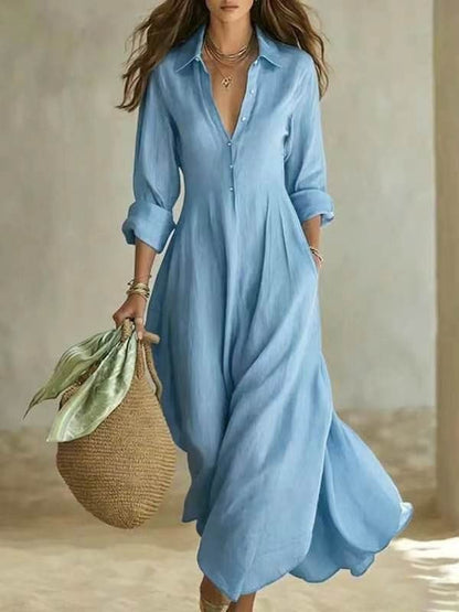 Linen-Blend Shirt Dress – Flowing Maxi Button-Front Dress