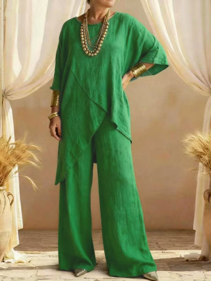 Linen Asymmetric Overlap Top & Wide Leg Pants Two Piece Set