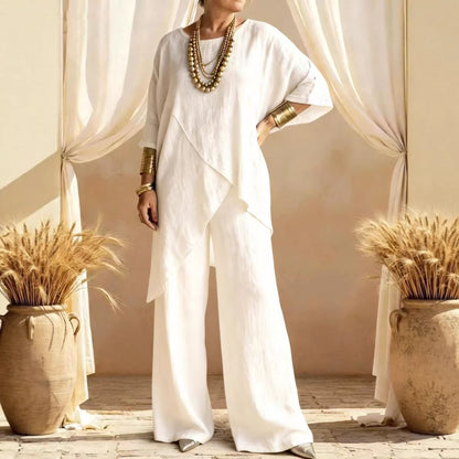 Linen Asymmetric Overlap Top & Wide Leg Pants Two Piece Set