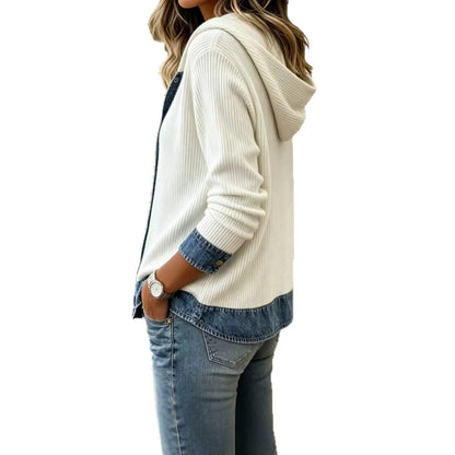 Denim Spliced Ribbed Knit Hooded Cardigan