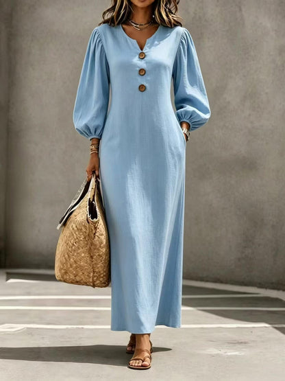 Linen Blend Notch V Neck Balloon Sleeve Maxi Dress