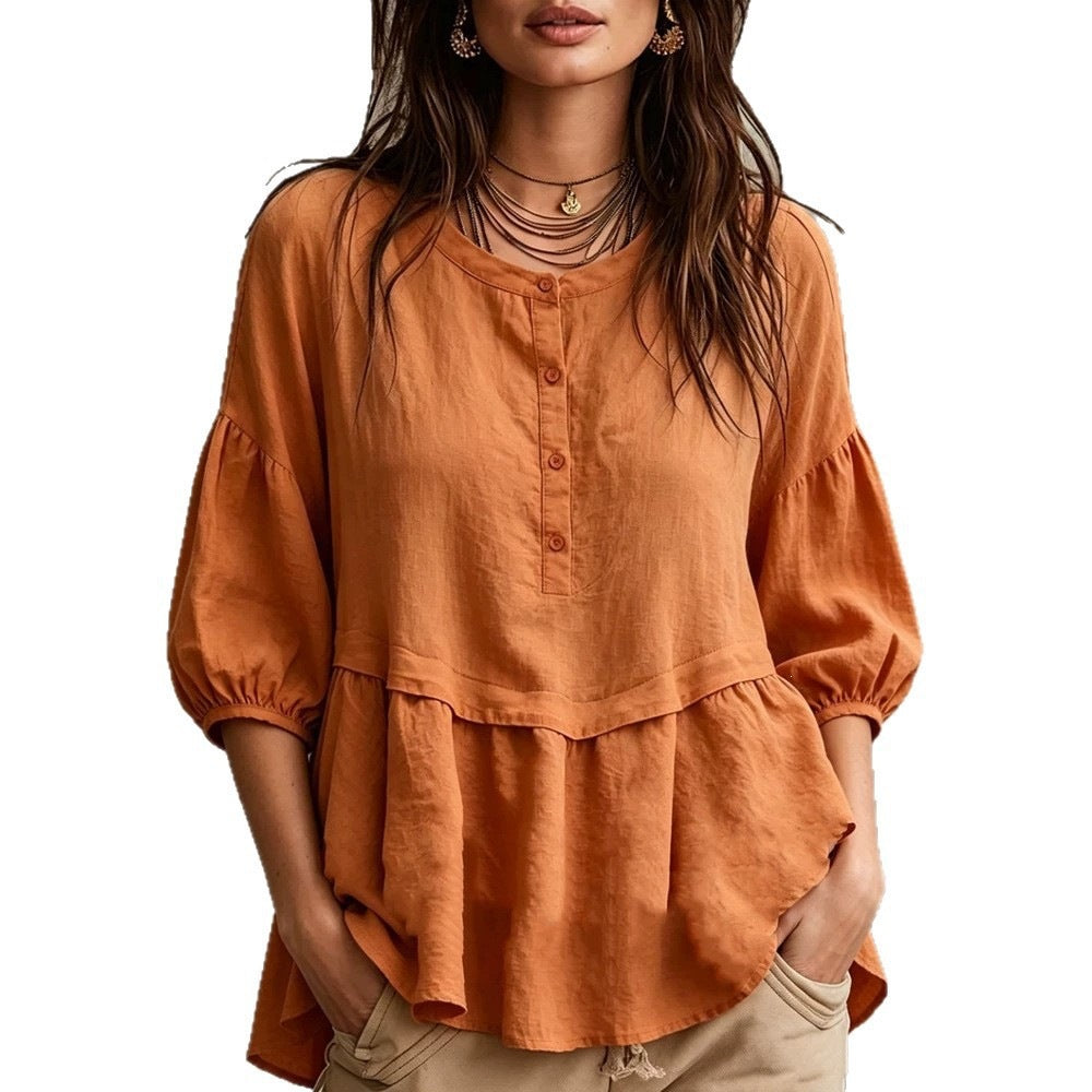 Peplum Balloon Sleeve Blouse – Soft Linen-Blend Casual Top
