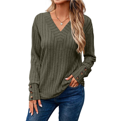 Ribbed Knit V-Neck Button Cuff Top