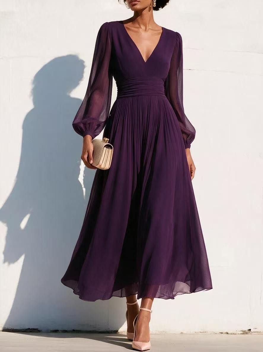 Pleated Chiffon Midi Dress with Balloon Sleeves