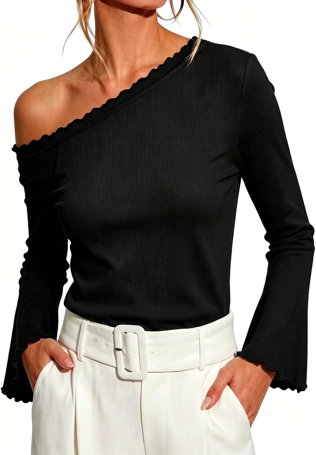 Vintage Elegant Off-the-shoulder Knit Fabric Shirt