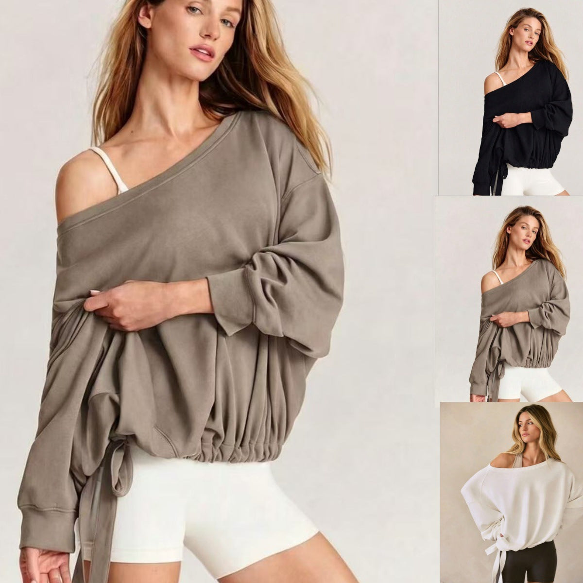 Off Shoulder Drawstring Hem Oversized Sweatshirt