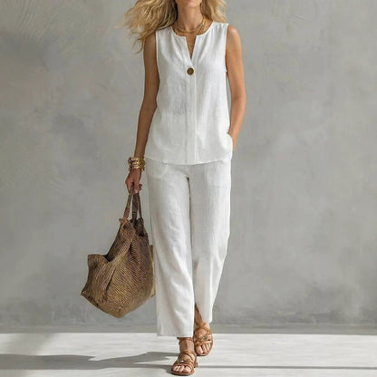 Linen Notch V-Neck Sleeveless Top & Cropped Wide Leg Pants Two Piece Set