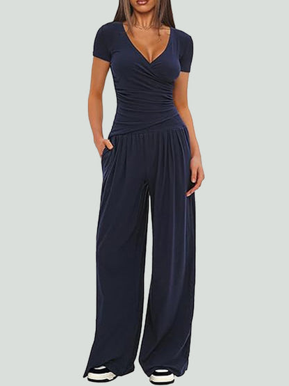 Women Solid Wrap V Neck Ruched Long Sleeve Top Elastic High Waist Pocket Wide Leg Casual Loungewear Co-ord Set