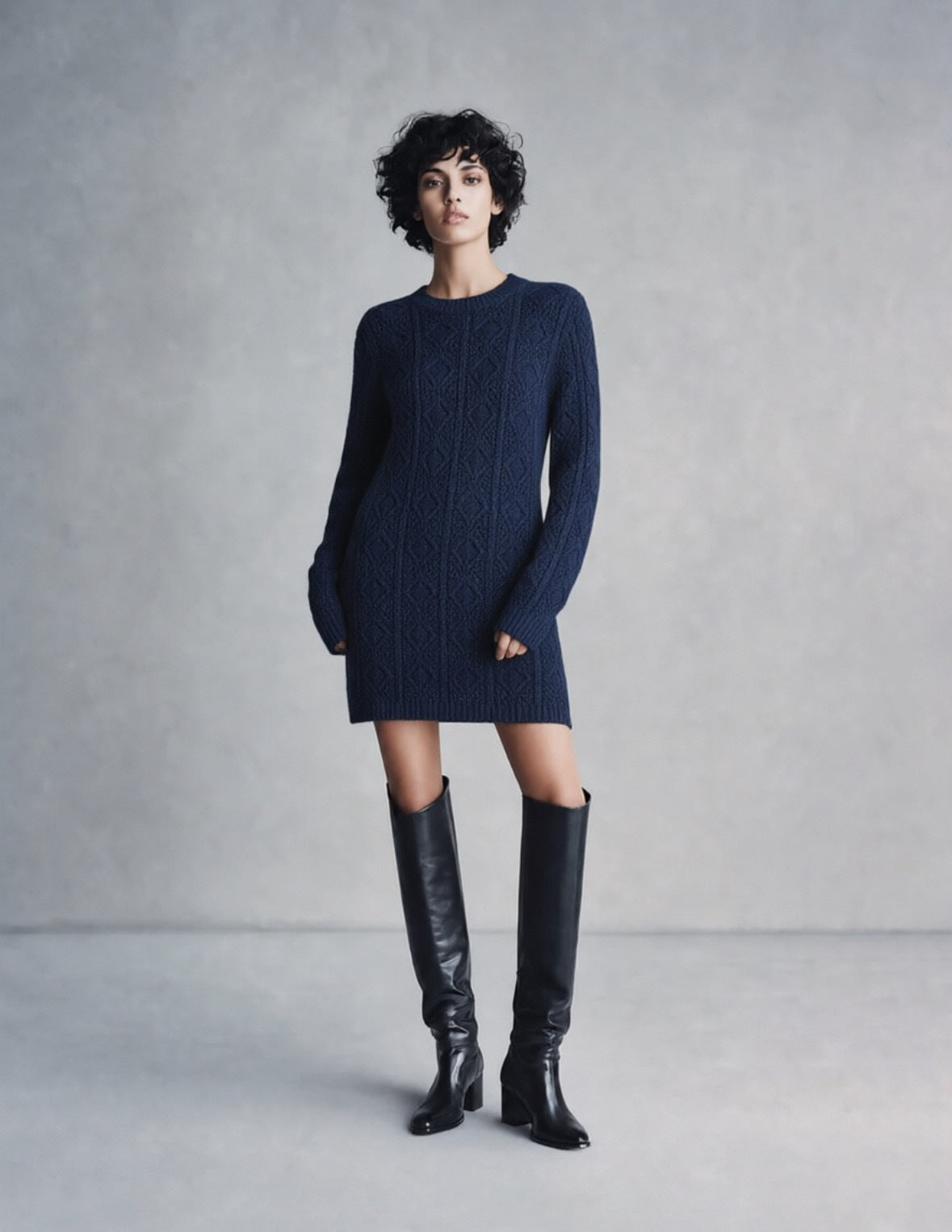 Cable Knit Crew Neck Long Sleeve Mini Sweater Dress