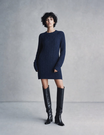 Cable Knit Crew Neck Long Sleeve Mini Sweater Dress