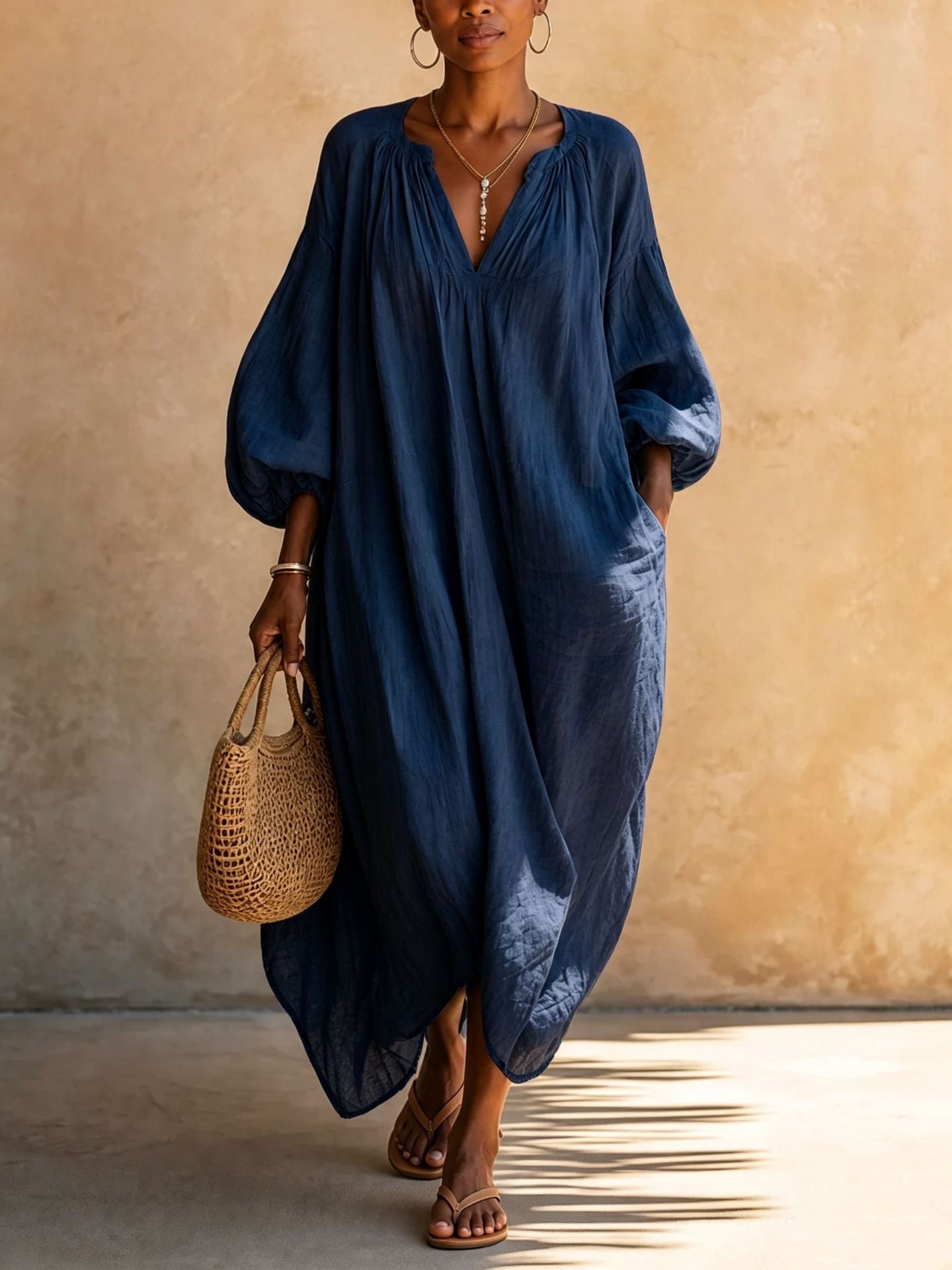 Boho Vacation Puff Sleeve Kaftan Maxi Dress