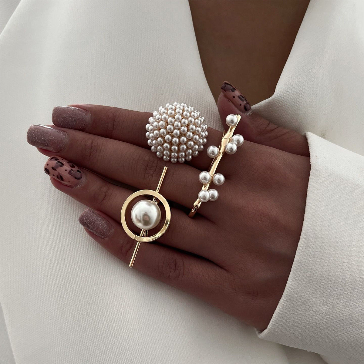 Minimalist Faux Pearl Stackable Ring Set 14K Gold Plated Open Statement Rings for Women