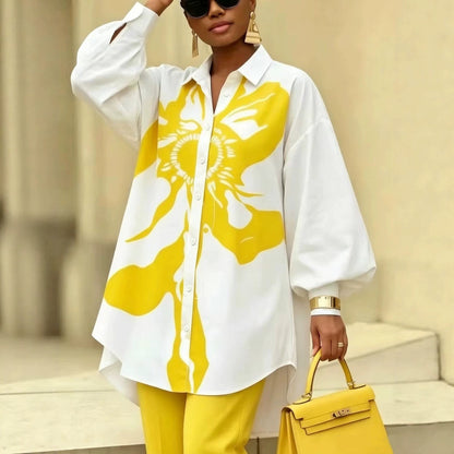 Abstract Print Balloon Sleeve Shirt – Oversized Button-Down