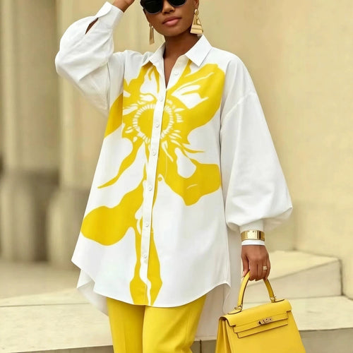 Abstract Print Balloon Sleeve Shirt – Oversized Button-Down