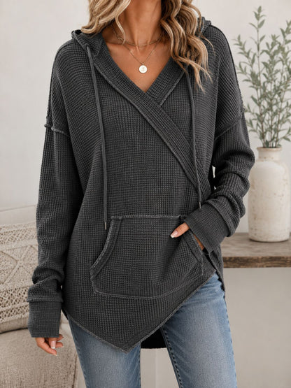 Women's Waffle Knit Surplice V Neck Long Sleeve Hooded Top with Pocket