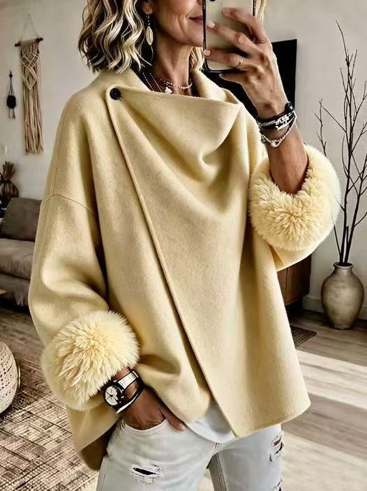 Wrap Cape Coat with Faux Fur Cuffs