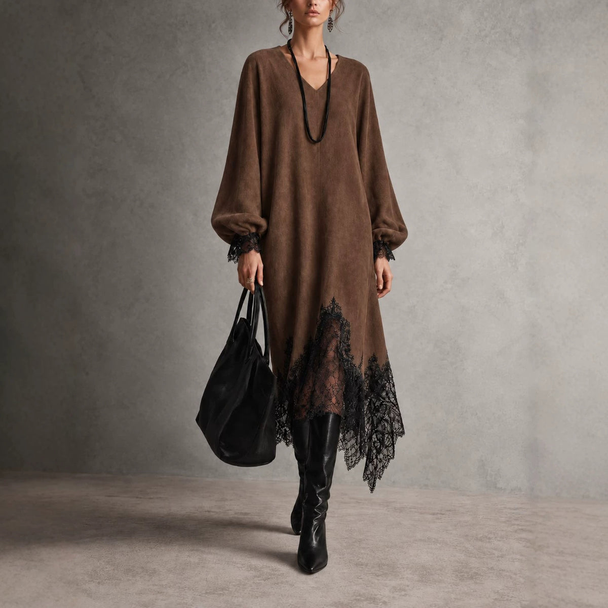 V‑Neck Lantern Sleeve Lace Trim Midi Knit Dress