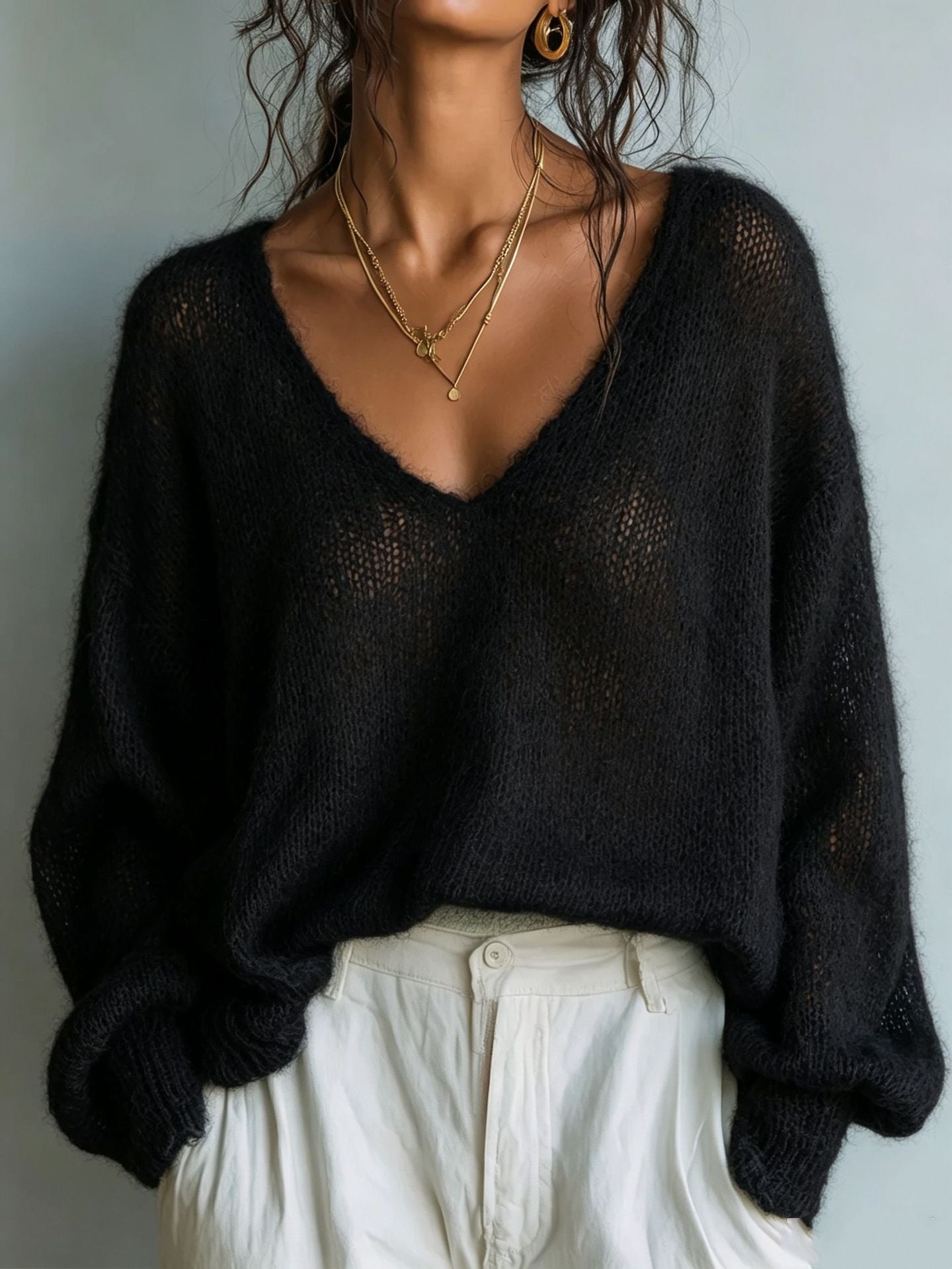 Lightweight Knit V-Neck Relaxed Sweater