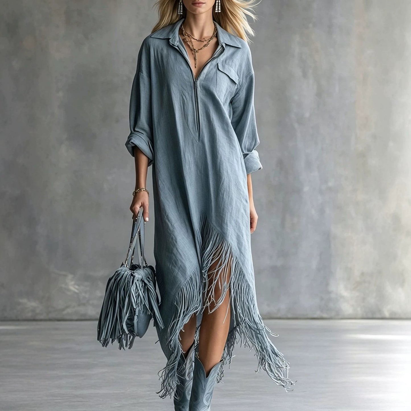 Half Zip Fringe Hem Boho Shirt Dress