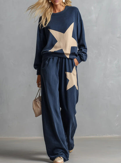Casual Loose Fit Star Print Sweatshirt Set Ladies Travel Two Piece Tracksuit