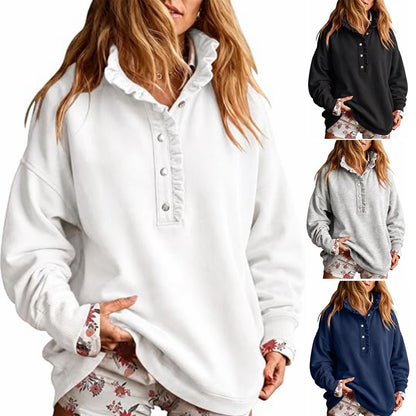 Ruffle Collar Half-Button Oversized Sweatshirt