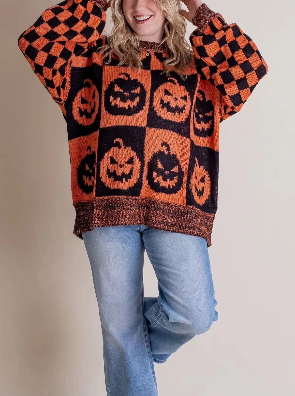 Women's Halloween Ghost & Pumpkin Checkerboard Print Oversized Long Sleeve Knit Sweater