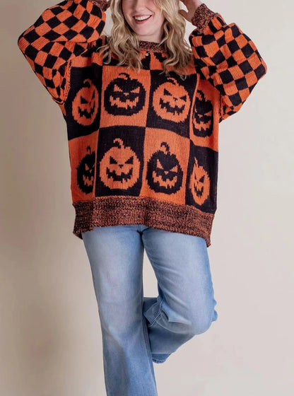 Women's Halloween Ghost & Pumpkin Checkerboard Print Oversized Long Sleeve Knit Sweater
