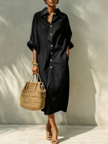 Relaxed Button Front Linen Shirt Midi Dress