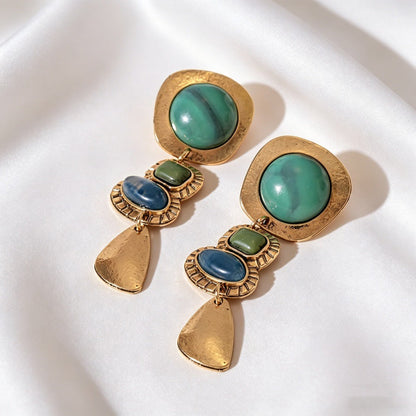 Vintage Multi-Colored Stone Tiered Drop Earrings Antique Gold Plated Boho Statement Dangle Earrings - EH5704