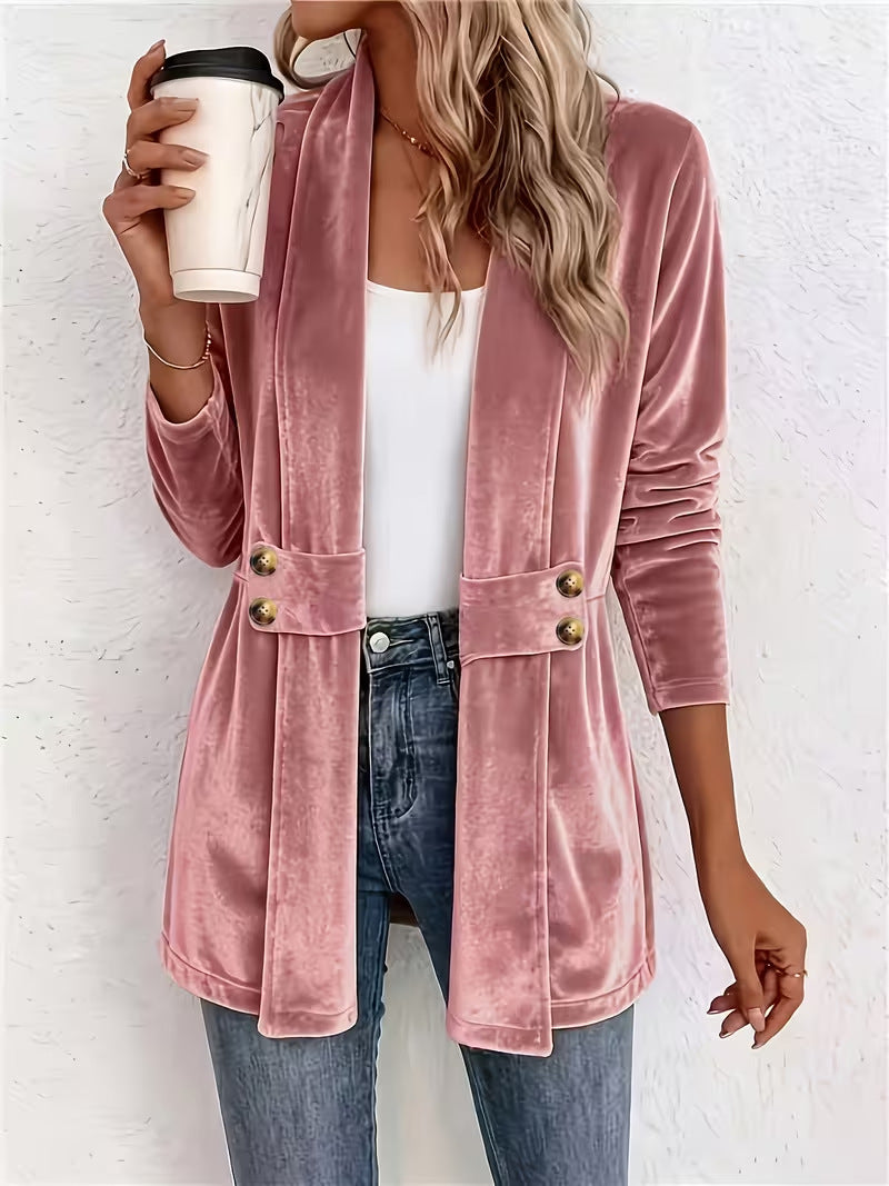 Women's Velvet Open Front Long Sleeve Mid Length Blazer Cardigan with Button Decor