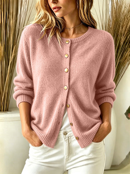 Fuzzy Knit Round Neck Gold Button Cardigan