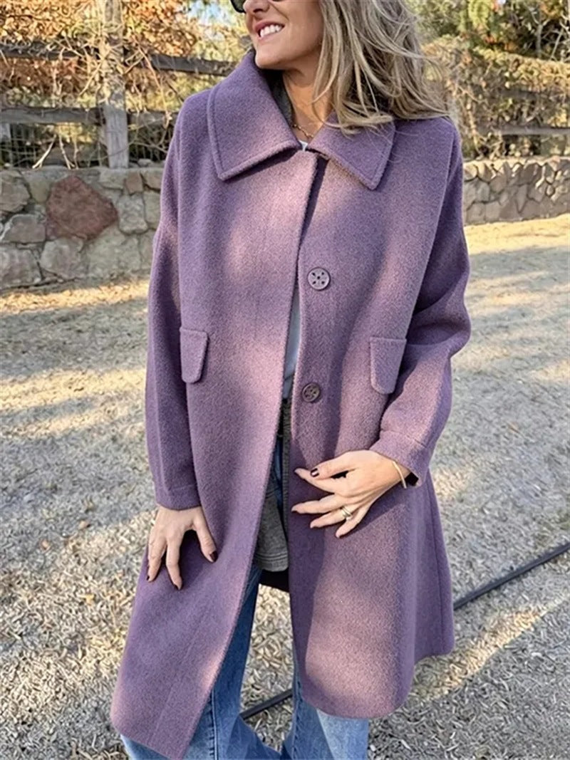 Casual Loose Single Breasted Wool Blend Midi Coat with Pockets