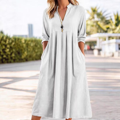 Textured Linen Blend Stand Collar V-Neck Babydoll Midi Dress