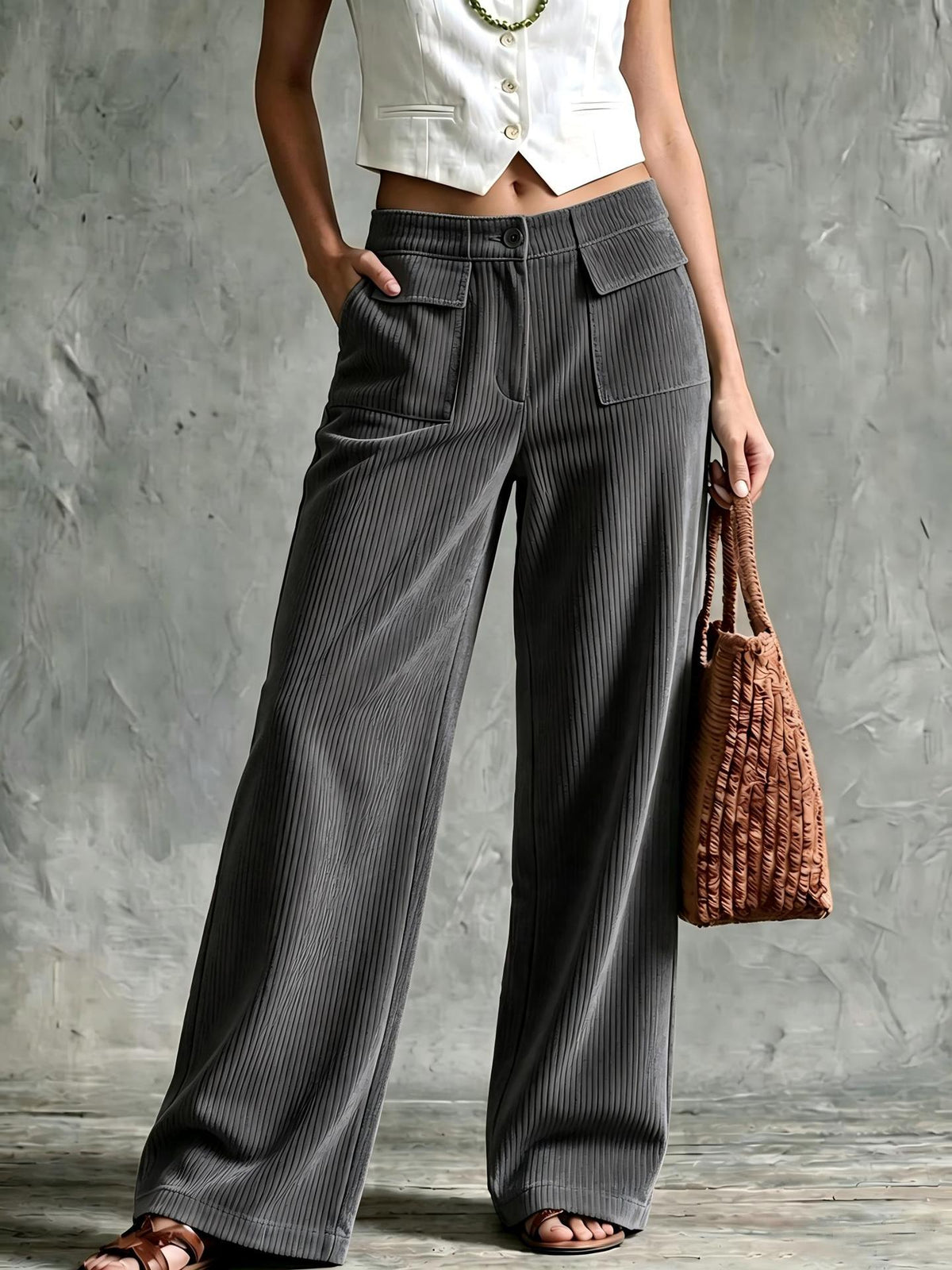 Women's Solid Ribbed Front Patch Pocket High Waist Wide Leg Long Pants