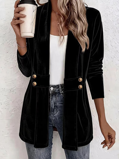 Women's Velvet Open Front Long Sleeve Mid Length Blazer Cardigan with Button Decor