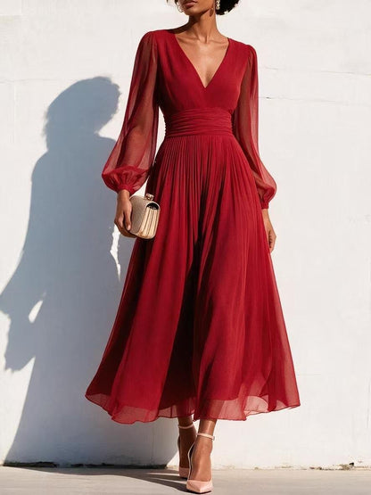 Pleated Chiffon Midi Dress with Balloon Sleeves