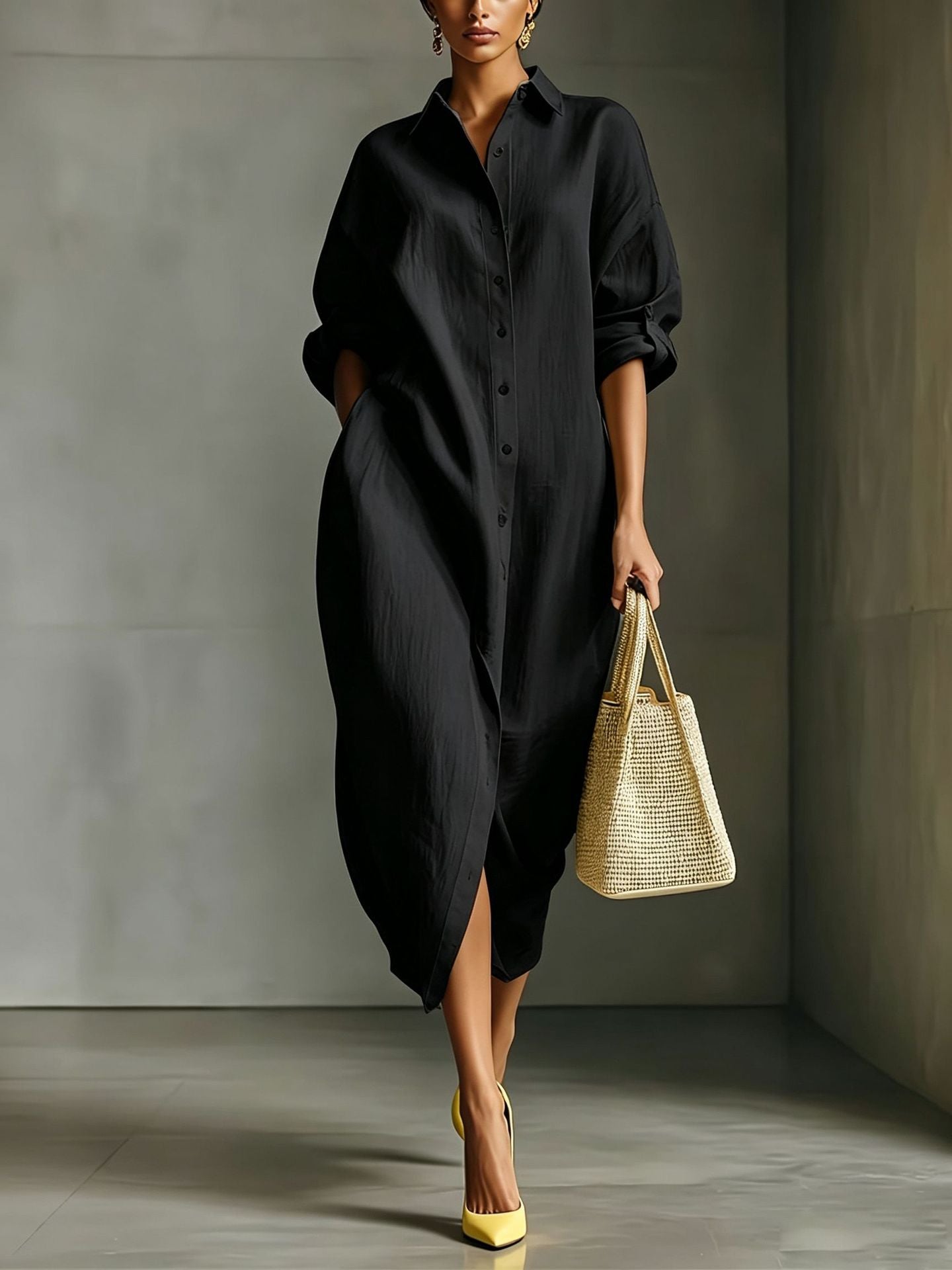 Oversized Linen Blend Midi Shirt Dress