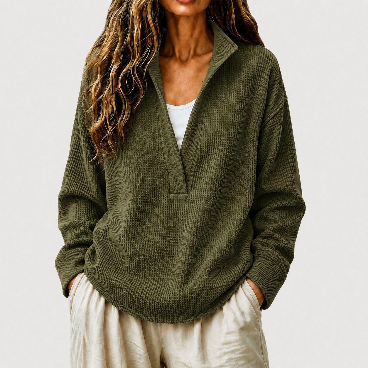 Waffle Textured Half Zip Stand Collar Long Sleeve Top
