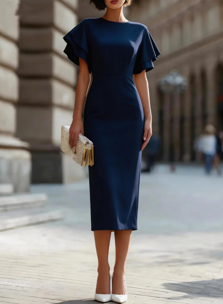 Round Neck Double‑Layer Ruffle Flutter Sleeve Bodycon Midi Dress