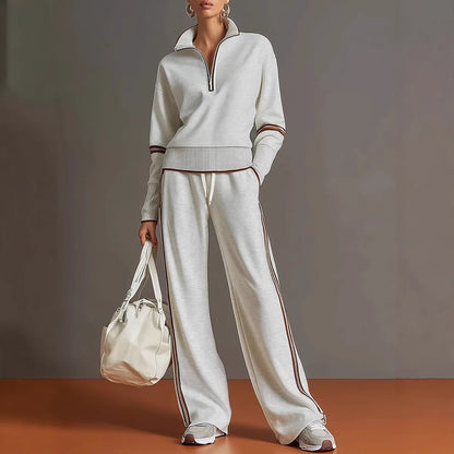 Casual Sports Suit Contrasting Color Stand-Up Collar Sweatshirt Wide-Leg Pants Suit