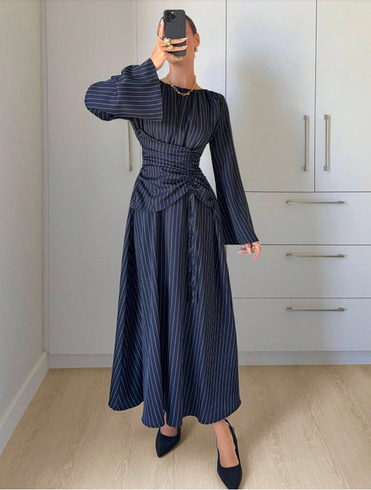 Pinstripe Ruched Waist Bell Sleeve Midi Dress