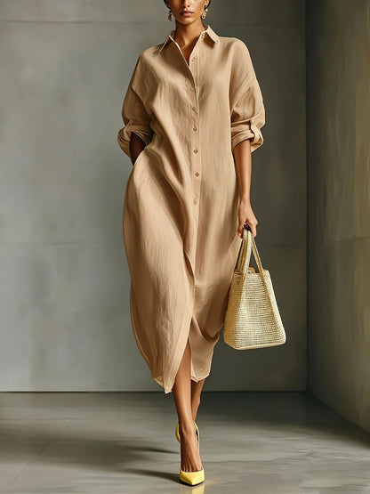 Oversized Linen Blend Midi Shirt Dress