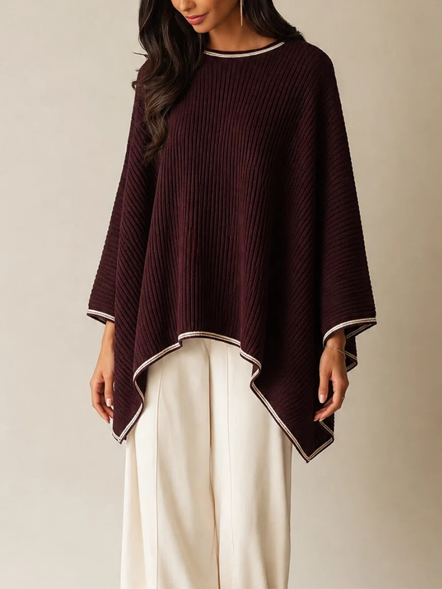 Ribbed Knit Poncho & Wide Leg Pants Two Piece Set