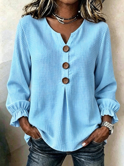 Textured Waffle Knit V-Neck Button Blouse