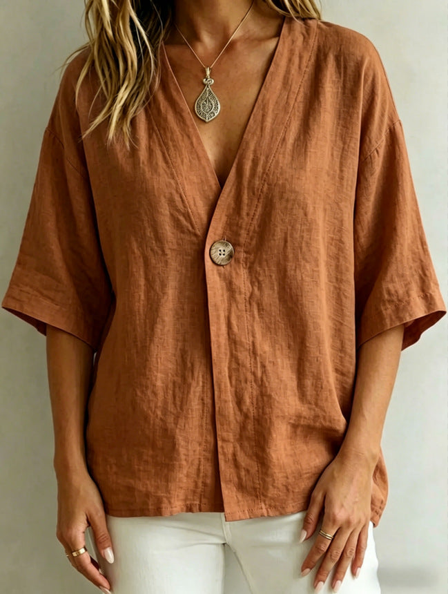 Relaxed Linen V-Neck Button-Front Shirt
