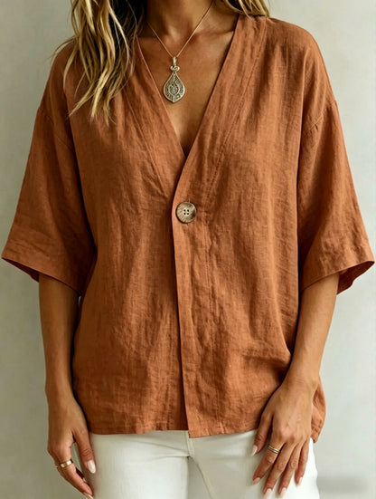 Relaxed Linen V-Neck Button-Front Shirt
