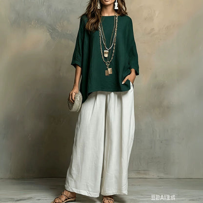 Linen Oversized Top & White Wide Leg Pants Two Piece Linen Set