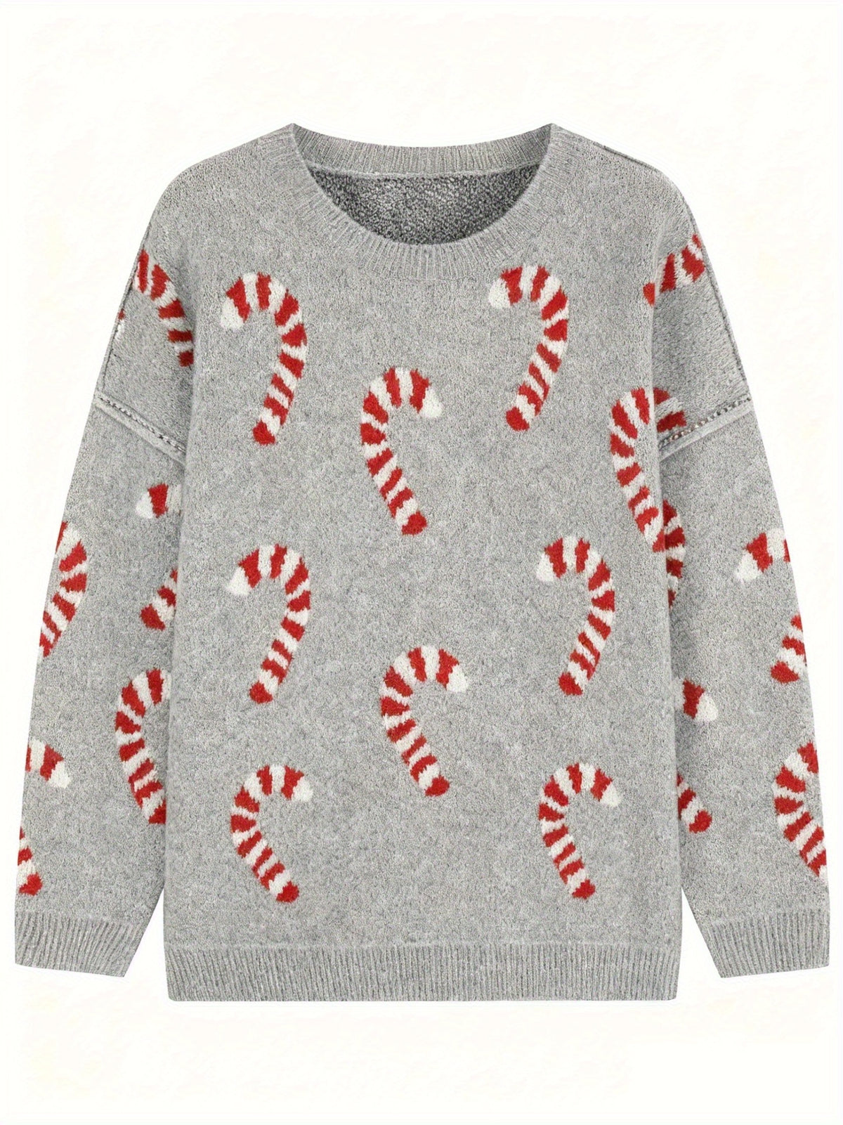 Women's Plus Size Crew Neck Candy Cane Print Long Sleeve Christmas Knit Sweater